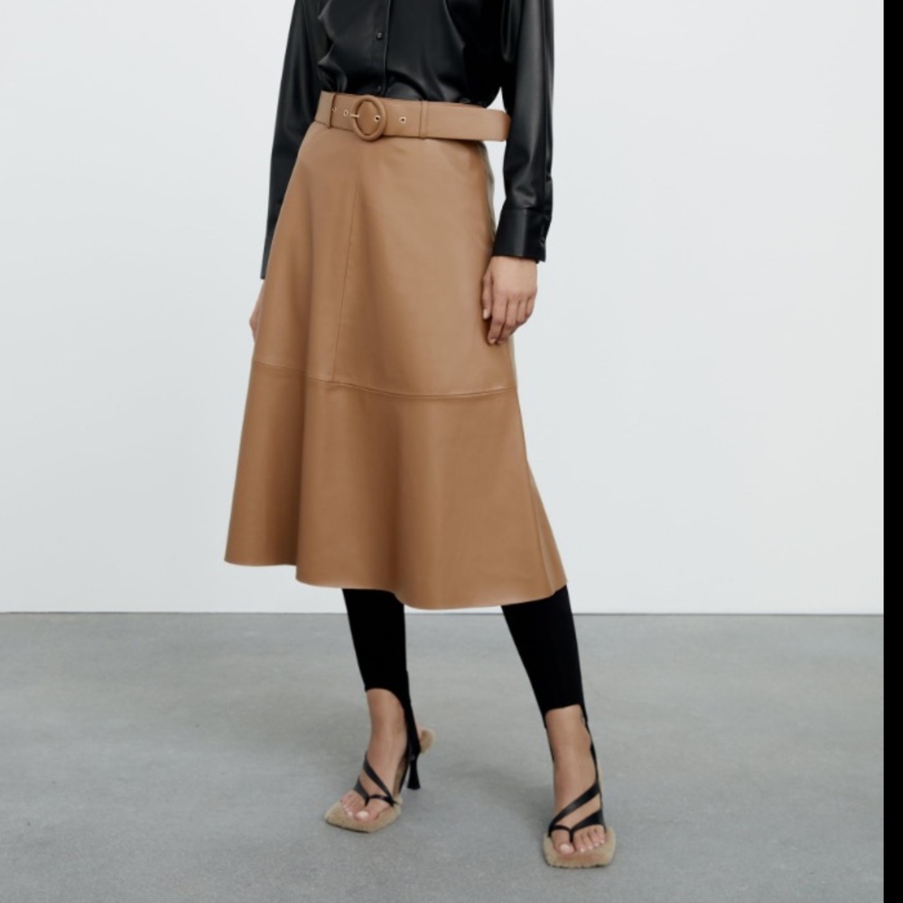 Zara | Tan Camel Brown Faux Leather Skirt with Belt | Size Medium